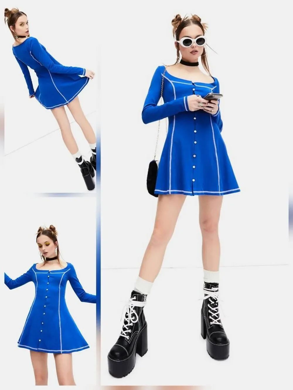Delia's by Dolls Kill Royal Blue Crystal Button Skater Dress Contrast Seams Sz.